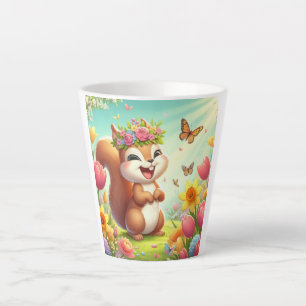 Caneca De Café Latte Esquilo de primavera feliz e bonito