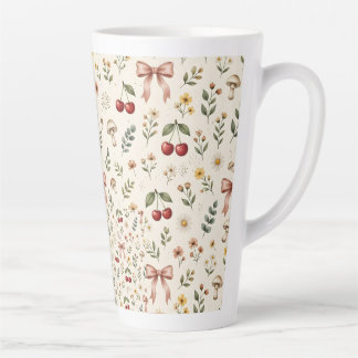 Caneca De Café Latte Estética Coquete Cereja Vermelha e Fita Rosa