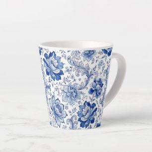 Caneca De Café Latte Estilo Delft Azul Branco Flores Fantasia Caprichos