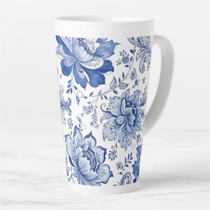Caneca De Café Latte Estilo Delft Azul Branco Flores Fantasia Caprichos