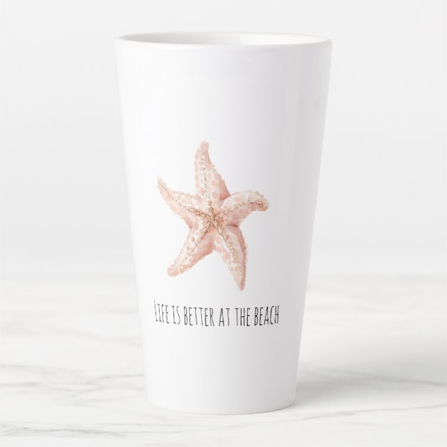 Caneca De Café Latte Estrela-do-Mar Branco de Pêssego Melhor na Praia (Frente)