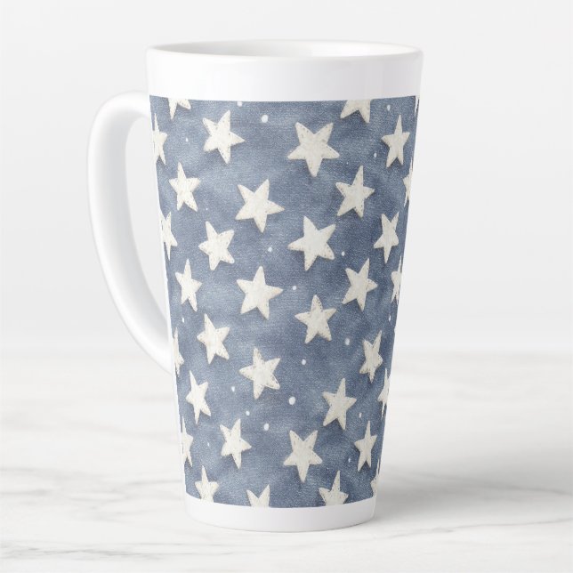 Caneca De Café Latte Estrelas Brancas Azuis (Ângulo esquerdo)