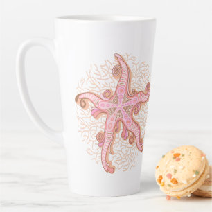 Caneca De Café Latte Estrelas-do-mar e Coral Padrão Pastel Rosa