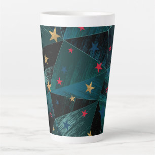 Caneca De Café Latte Estrelas Douradas e vermelhas em azul