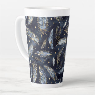 Caneca De Café Latte Estrelas Penas Douradas Azuis