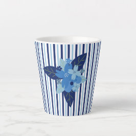 Caneca De Café Latte Estrias florais elegantes, azul monocromático