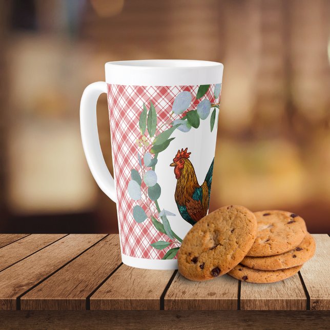 Caneca De Café Latte Eucalyptus Wreath & Rooster Farmhouse (Criador carregado)