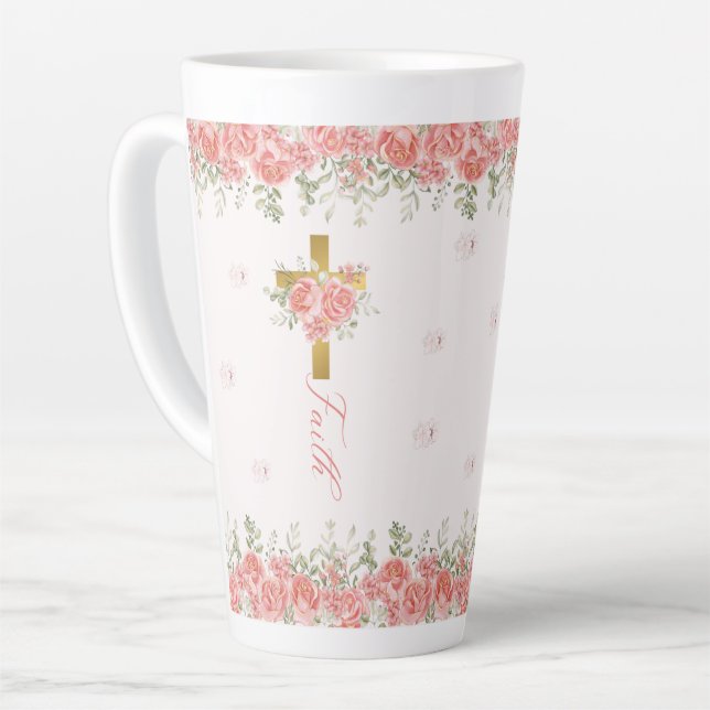 Caneca De Café Latte Faith Gift Floral Cross (Ângulo esquerdo)