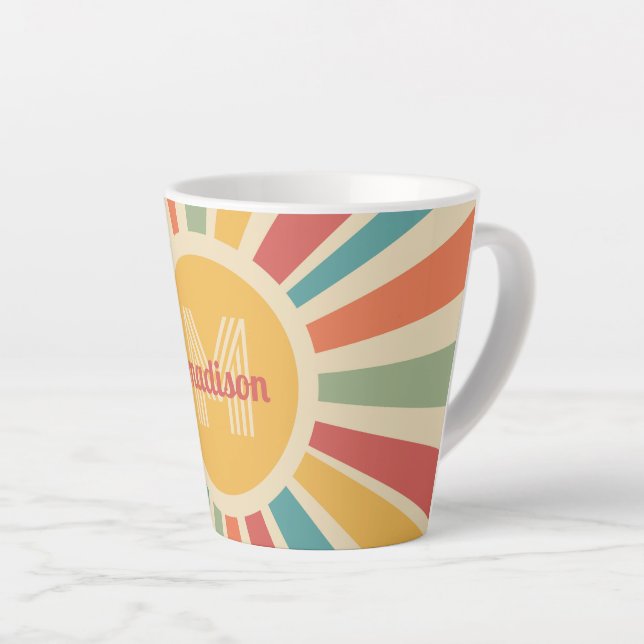 Caneca De Café Latte Faixas Retroativas de Monograma e Nome Personaliza (Ângulo direito)