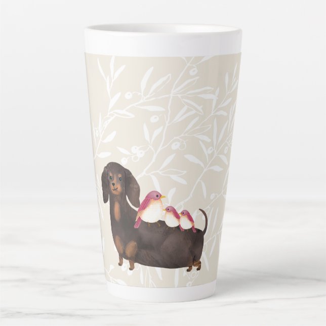 Caneca De Café Latte Família Dachshund e Birds (Frente)