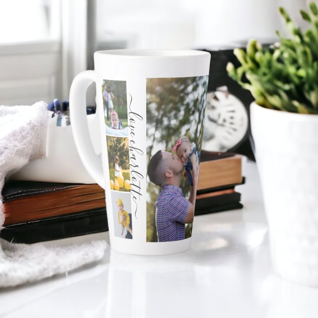 Caneca De Café Latte Família Personalizada de Colagem de Fotos e Texto (Personalized Photo and Text Photo Collage Family Latte Mug from Ricaso. Add own photos and text)