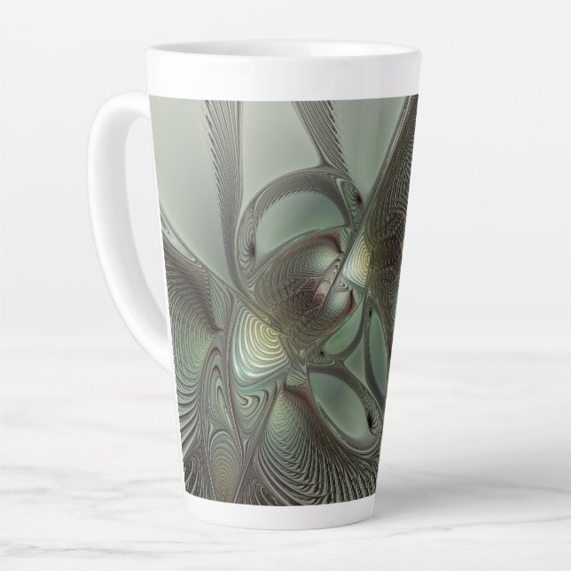 Caneca De Café Latte Fantasia de Arte Fractal da Cinza Olive Sage (Ângulo esquerdo)
