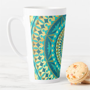 Caneca De Café Latte Fantasia de Mandala Azul Dourado