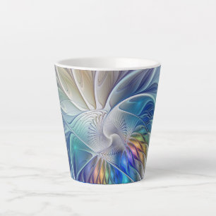 Caneca De Café Latte Fantasia Floral, Abstrato Fractal Colorida