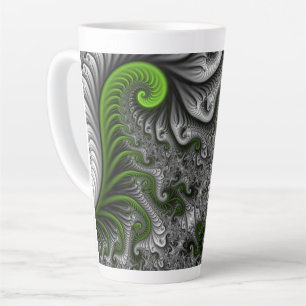 Caneca De Café Latte Fantasia Mundo Verde E Cinza De Arte Fractal