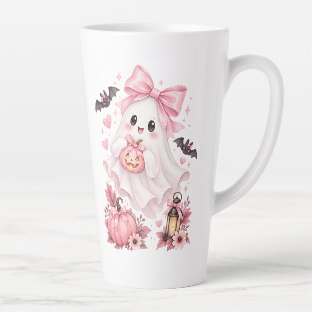 Caneca De Café Latte Fantasma de Halloween com Laço Rosa Fofo (Direita)