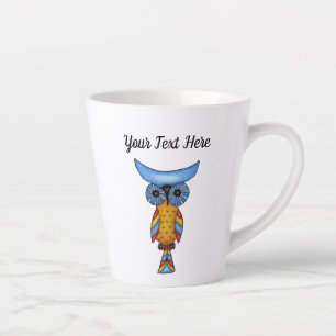 Caneca De Café Latte Fantasy Coruja Azul Cabeça Azul Penas Coloridas