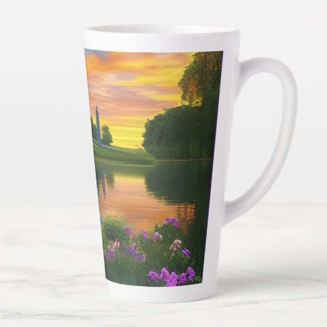 Caneca De Café Latte Farmhouse Purple Roof Pond em Sunrise (Direita)