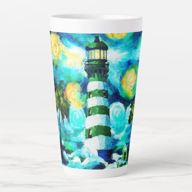 Caneca De Café Latte Farol tropical e Palmeiras Verdes (Frente)