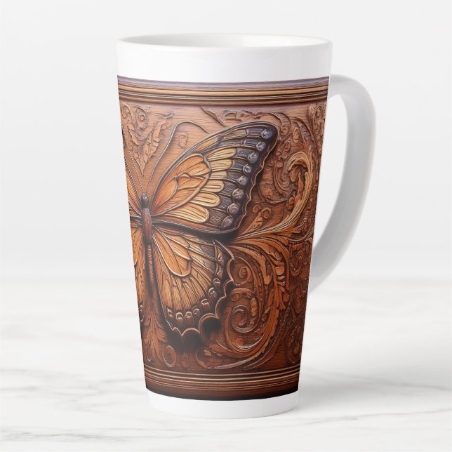 Caneca De Café Latte Faux Embosque Borboleta De Madeira (Ângulo direito)