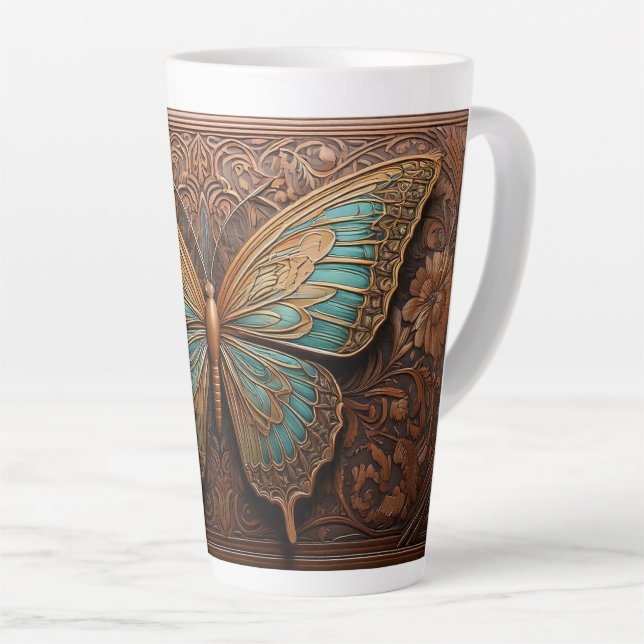 Caneca De Café Latte Faux Embosque Borboleta De Madeira (Ângulo direito)