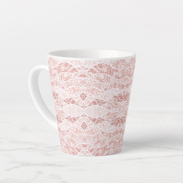 Caneca De Café Latte Faux White Lace Fishnet Latte Mug com Flores (Ângulo esquerdo)