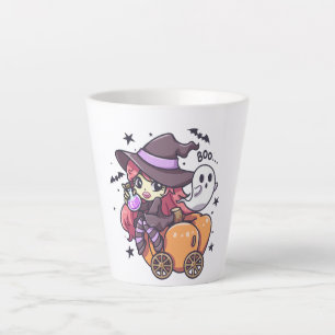 Caneca De Café Latte Feiticeira bonitinha sentada num carro de abóbora