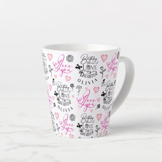 Caneca De Café Latte Feliz Aniversário Filha Nome Personalizado (Ângulo direito)