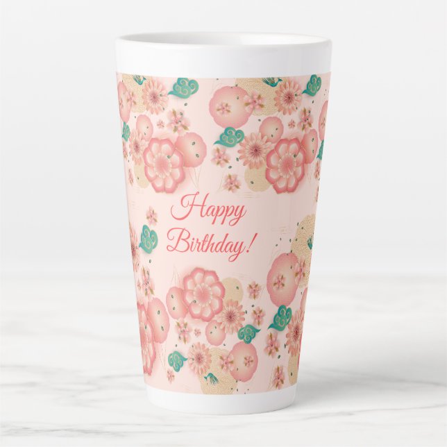 Caneca De Café Latte Feliz Aniversário - Jardim das Flores de Pêssego P (Frente)