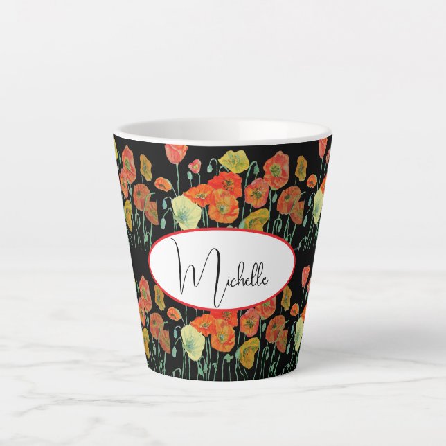 Caneca De Café Latte Feliz aniversário Poppy floral Laranja senhoras No (Frente)
