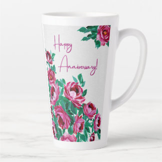Caneca De Café Latte Feliz Aniversário - Saudação Floral Rosa Vibrante
