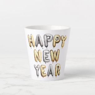 Caneca De Café Latte Feliz Ano Novo Cinza Dourado
