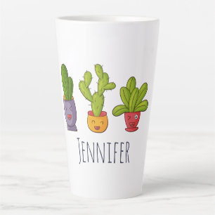 Caneca De Café Latte Feliz Cactus Cute em Potes Flores, ilustração dive