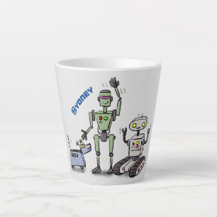 Caneca De Café Latte Feliz desenho animado de robôs fofos
