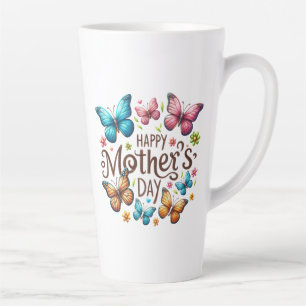Caneca De Café Latte Feliz Dia das Mães com Clipart de Borboletas
