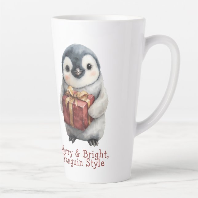 Caneca De Café Latte Feliz e Pinguim Brilhante Natal (Direita)