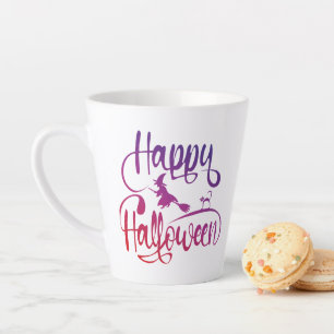 Caneca De Café Latte Feliz Halloween gradient voando feiticeiro