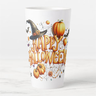 Caneca De Café Latte Feliz Halloween Letras de Balão Laranja Abóboras
