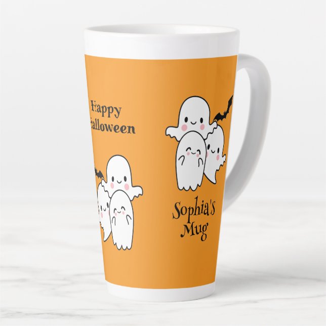 Caneca De Café Latte Feliz Halloween Personalizar NOME Ghosts Bat (Ângulo direito)