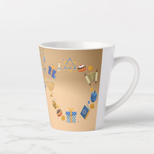 Caneca De Café Latte Feliz Hanukkah Latte Mug em Laranja (Direita)