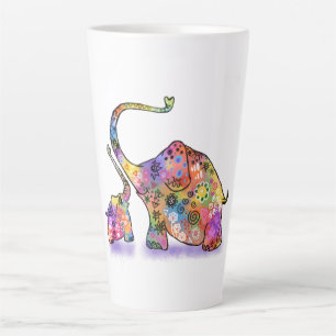 Caneca De Café Latte Feliz Mãe Colorida e Elefante de Bebê - Desenho
