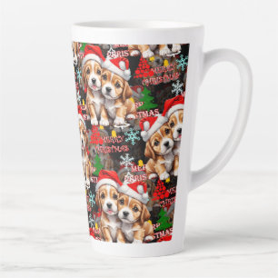 Caneca De Café Latte Feliz Natal Chapéu do Papai Noel Cachorro Design -