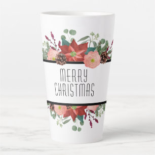 Caneca De Café Latte Feliz Natal, Design Floral Tradicional