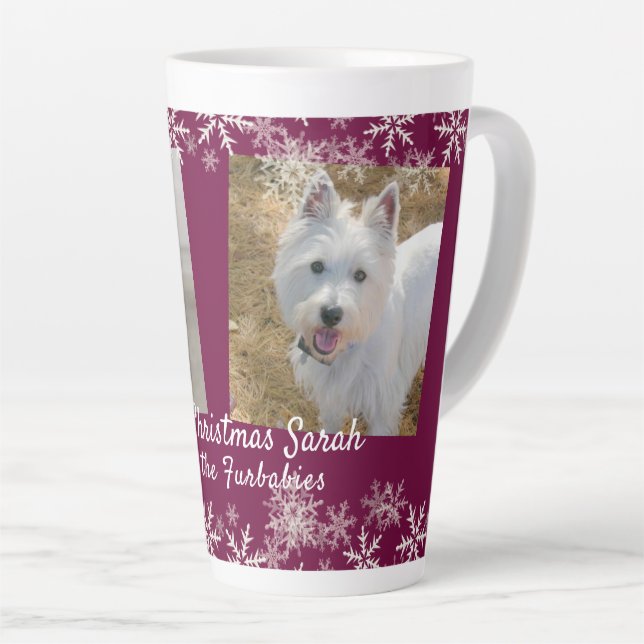 Caneca De Café Latte Feliz Natal Furbões Snowflakes Burgundy (Ângulo direito)