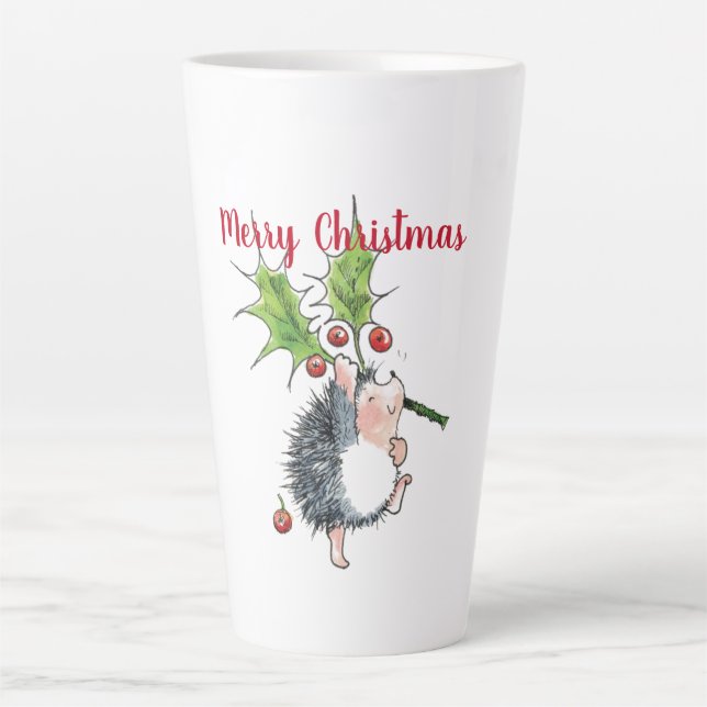 Caneca De Café Latte Feliz Natal Holly Hedgehog (Frente)