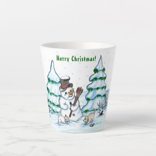 Caneca De Café Latte Feliz Natal! Neve com Cat e Puppy (Frente)