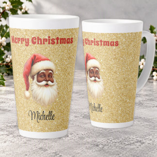 Caneca De Café Latte Feliz Natal Papai Noel Preto Dourado Brilhante