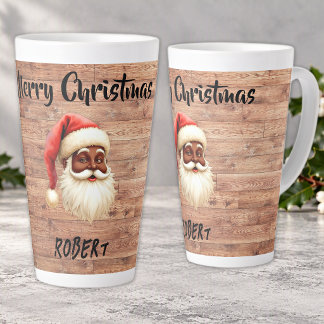 Caneca De Café Latte Feliz Natal Papai Noel Preto em Madeira