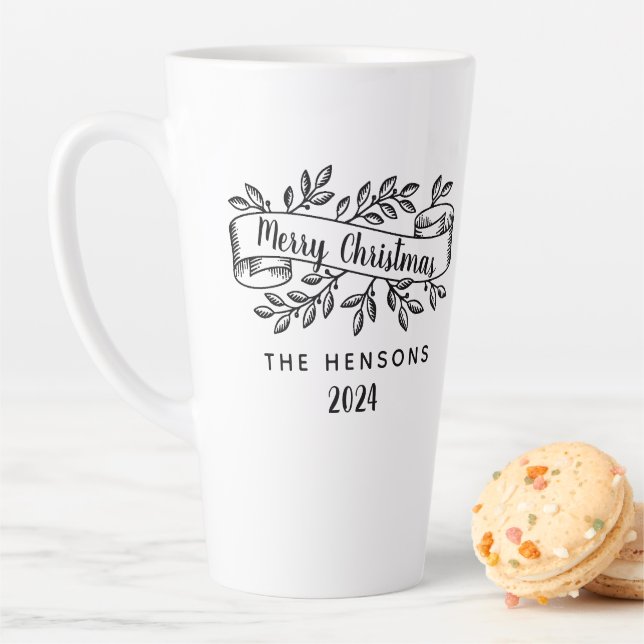 Caneca De Café Latte Feliz Natal Rustic Ribbon Family Name (In Situ)