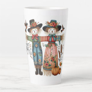 Caneca De Café Latte Feliz outono, Ya vai cortar espantalho e folhagem